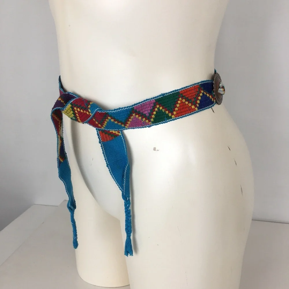 Vintage Colorful Western Handwoven Belt Copper Conchos Cowgirl Festival Tribal